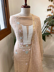 Peach Suit Set with Pearl, Cut Daana and Mukaish Handwork in Pure Mul Chanderi - Masakalee