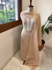 Peach Suit Set with Pearl, Cut Daana and Mukaish Handwork in Pure Mul Chanderi - Masakalee