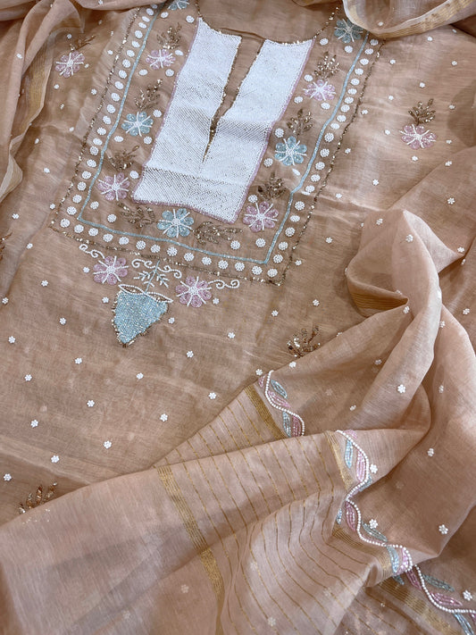 Peach Suit Set with Pearl, Cut Daana and Mukaish Handwork in Pure Mul Chanderi - Masakalee