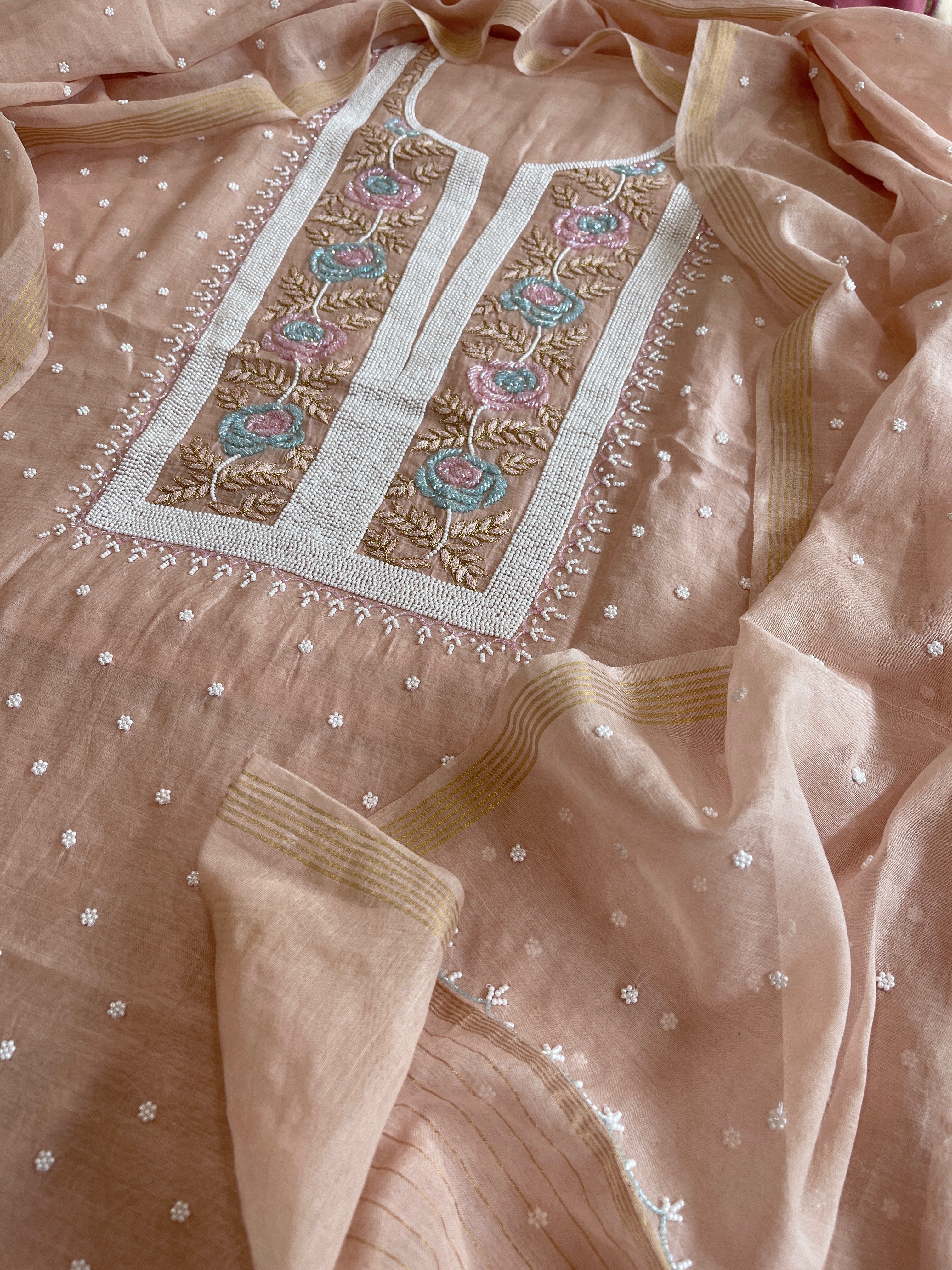 Peach Suit Set with Pearl, Cut Daana and Thread Handwork in Pure Mul Chanderi - Masakalee