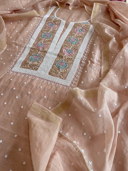 Peach Suit Set with Pearl, Cut Daana and Thread Handwork in Pure Mul Chanderi - Masakalee