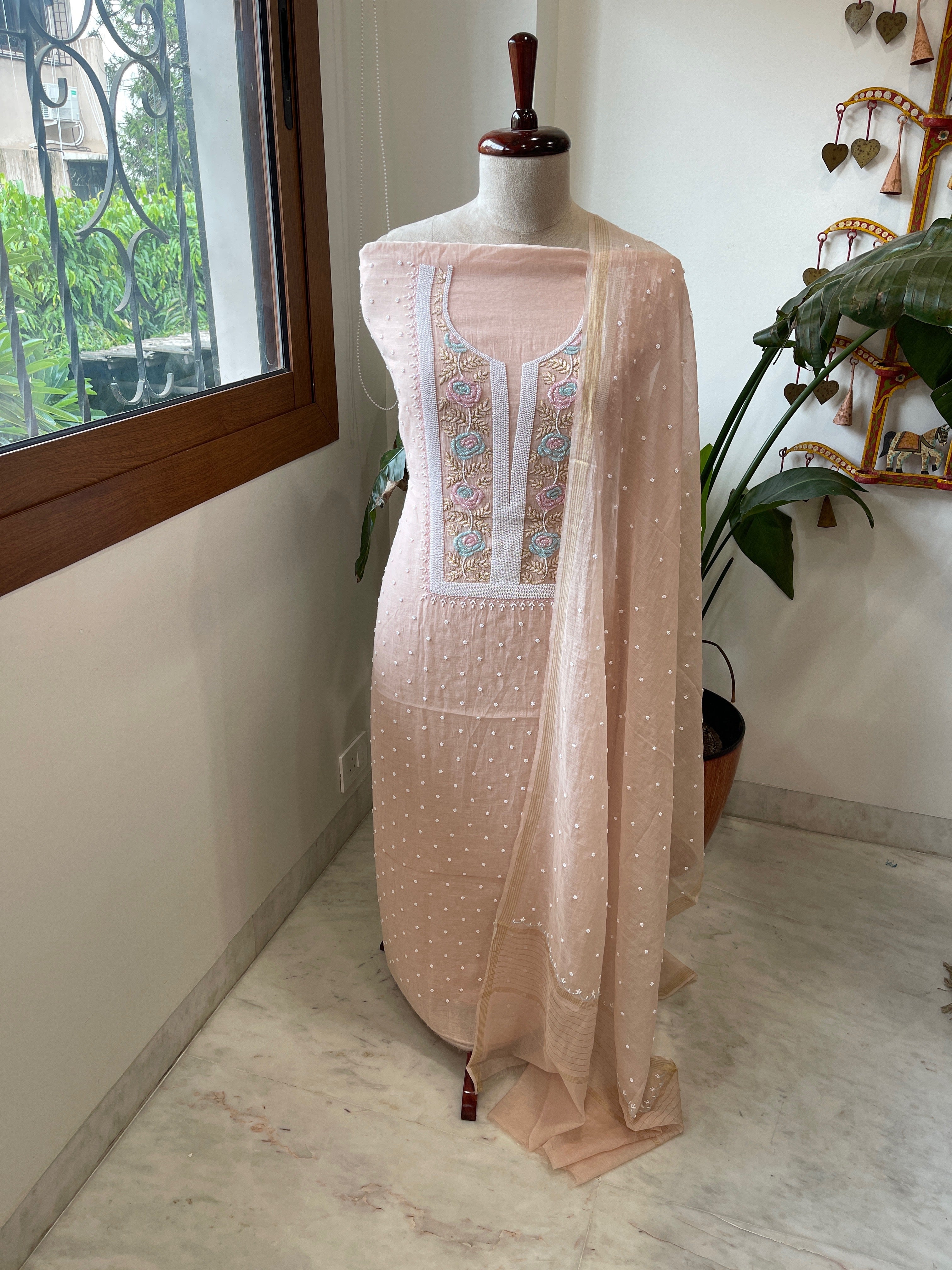 Peach Suit Set with Pearl, Cut Daana and Thread Handwork in Pure Mul Chanderi - Masakalee