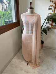 Peach Suit Set with Pearl, Cut Daana and Thread Handwork in Pure Mul Chanderi - Masakalee