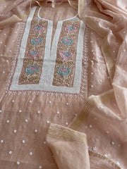 Peach Suit Set with Pearl, Cut Daana and Thread Handwork in Pure Mul Chanderi - Masakalee