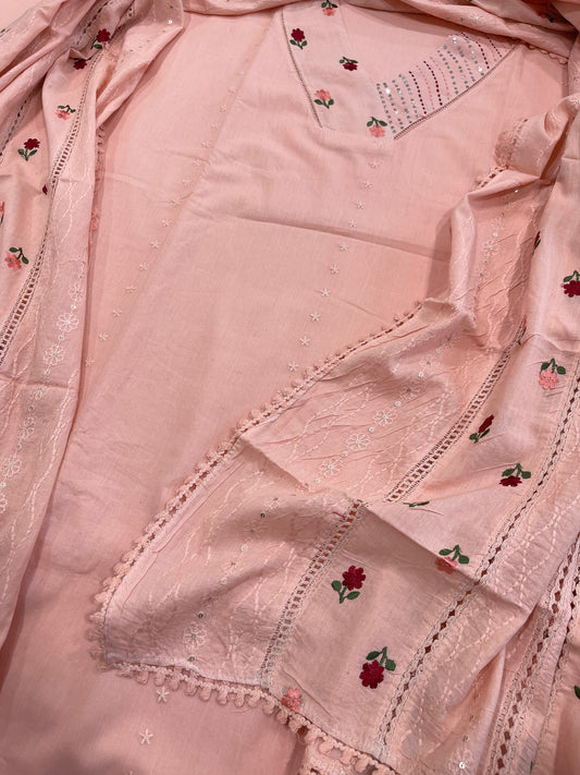 Peach Suit Set with Thread and Sequin Embroidery in Pure Cotton - Masakalee