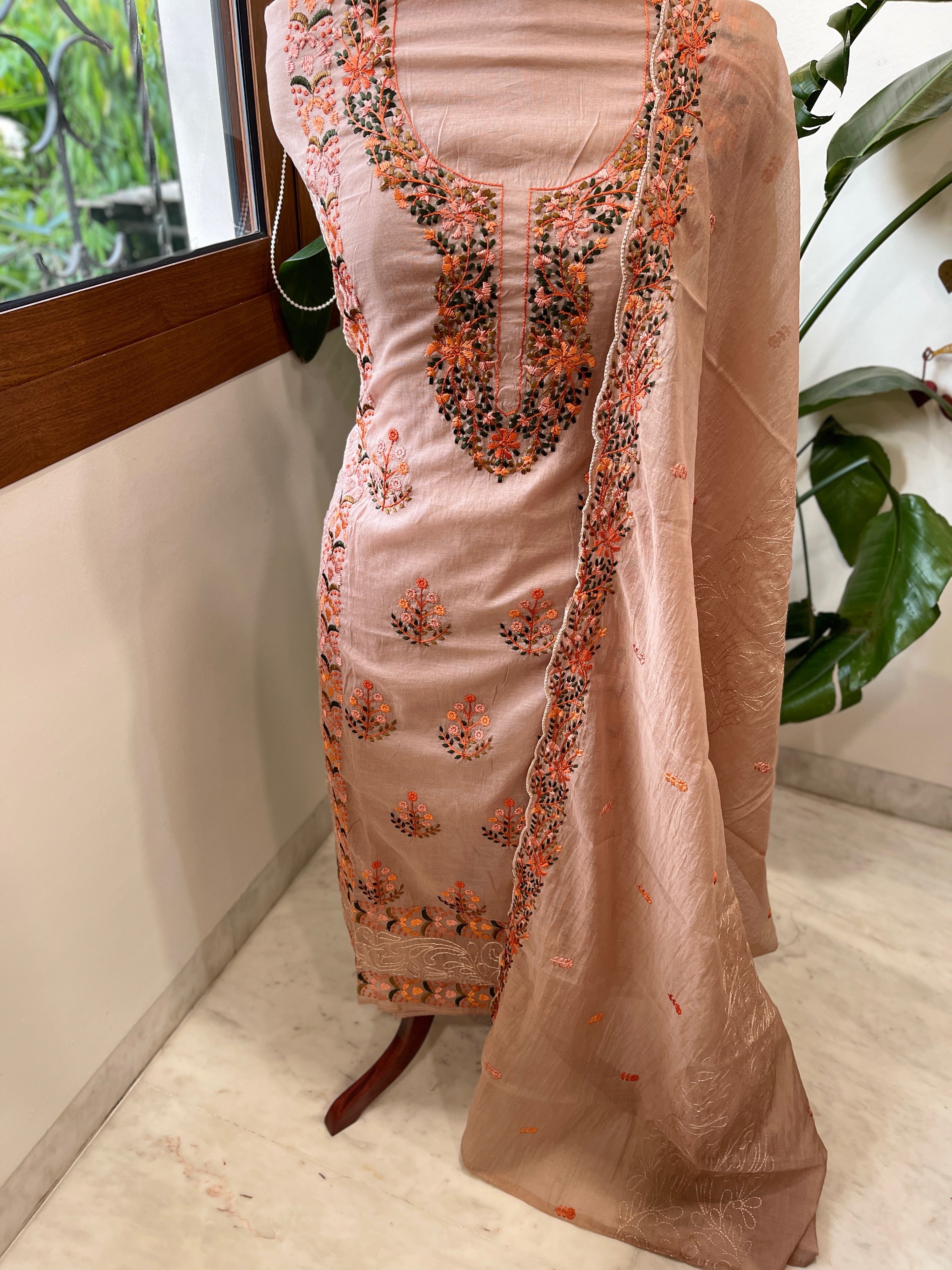Peach Suit Set with Thread Embroidery in Mul Chanderi - Masakalee