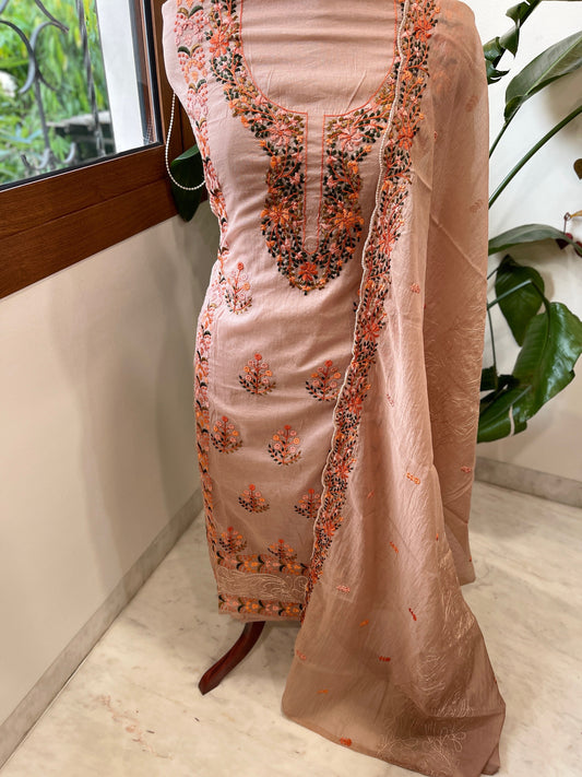 Peach Suit Set with Thread Embroidery in Mul Chanderi - Masakalee