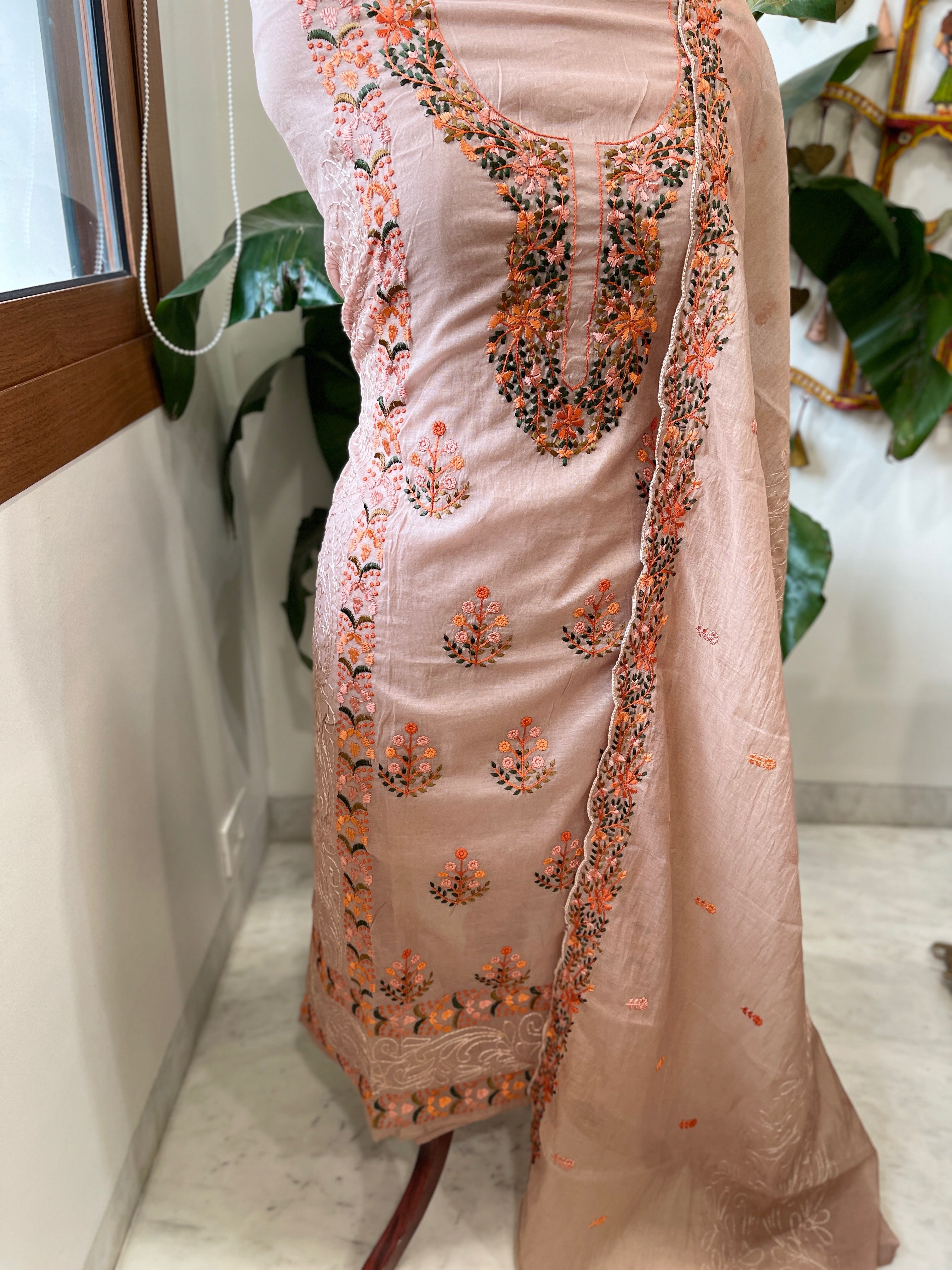 Peach Suit Set with Thread Embroidery in Mul Chanderi - Masakalee