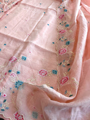 Peach Suit Set with Thread Embroidery in Mul Chanderi - Masakalee