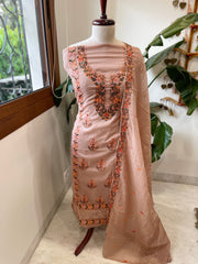 Peach Suit Set with Thread Embroidery in Mul Chanderi - Masakalee