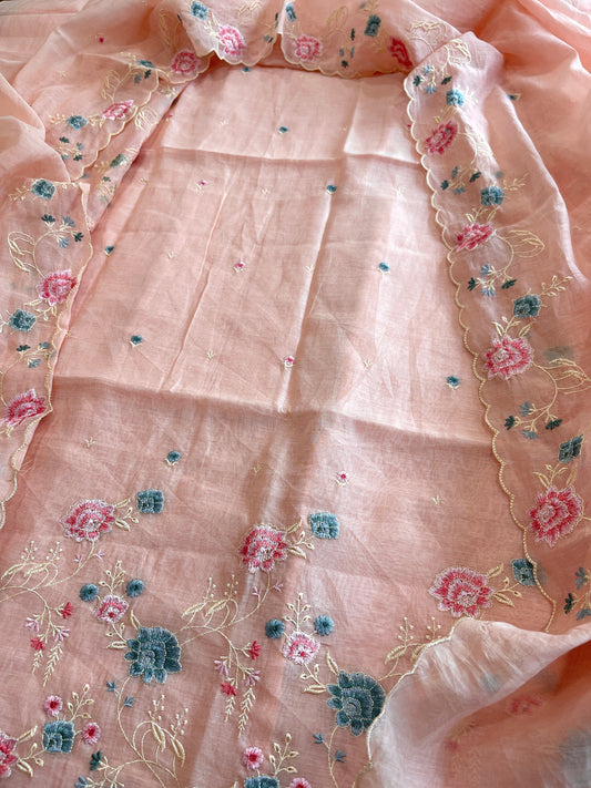 Peach Suit Set with Thread Embroidery in Mul Chanderi - Masakalee