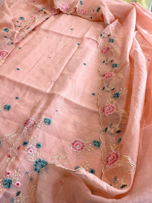Peach Suit Set with Thread Embroidery in Mul Chanderi - Masakalee