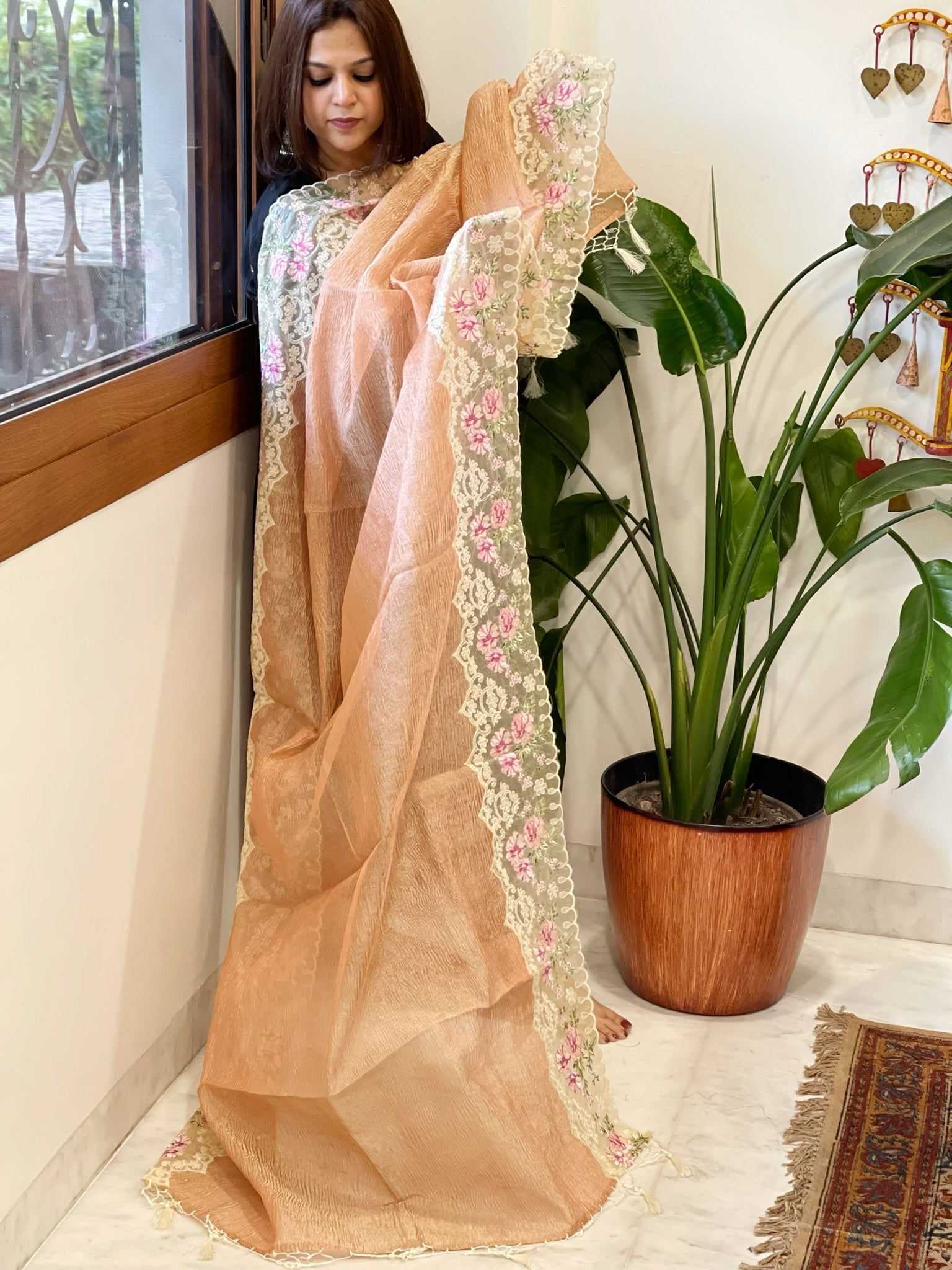 Peach Tissue Dupatta with Organza Embroidered Border - Masakalee