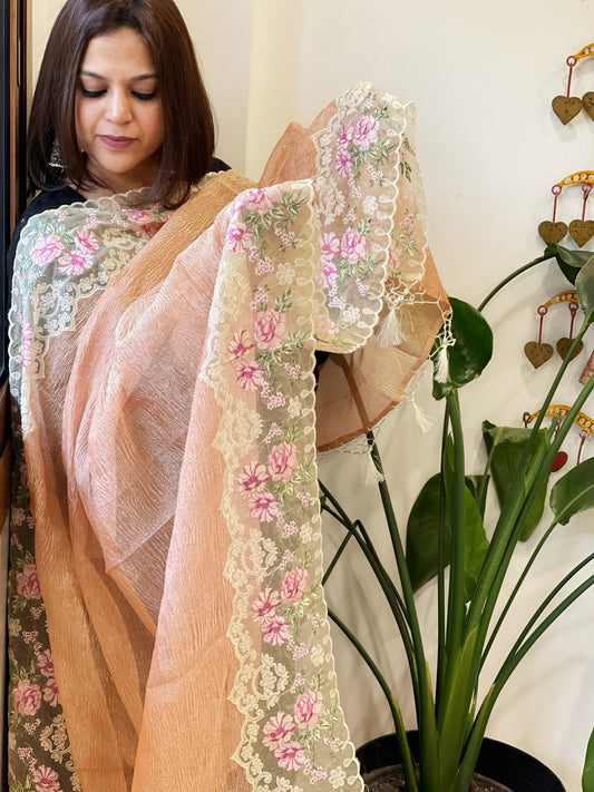 Peach Tissue Dupatta with Organza Embroidered Border - Masakalee