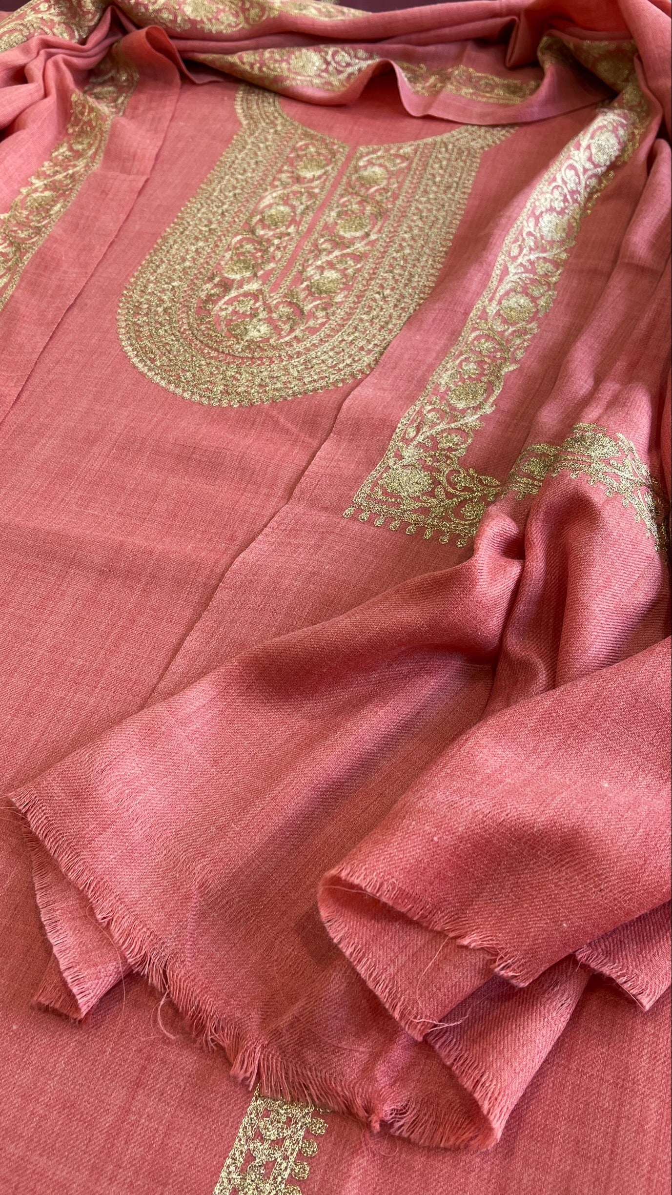 Peach Winter Suit Set with Aari Work in Pashmina Wool - Masakalee