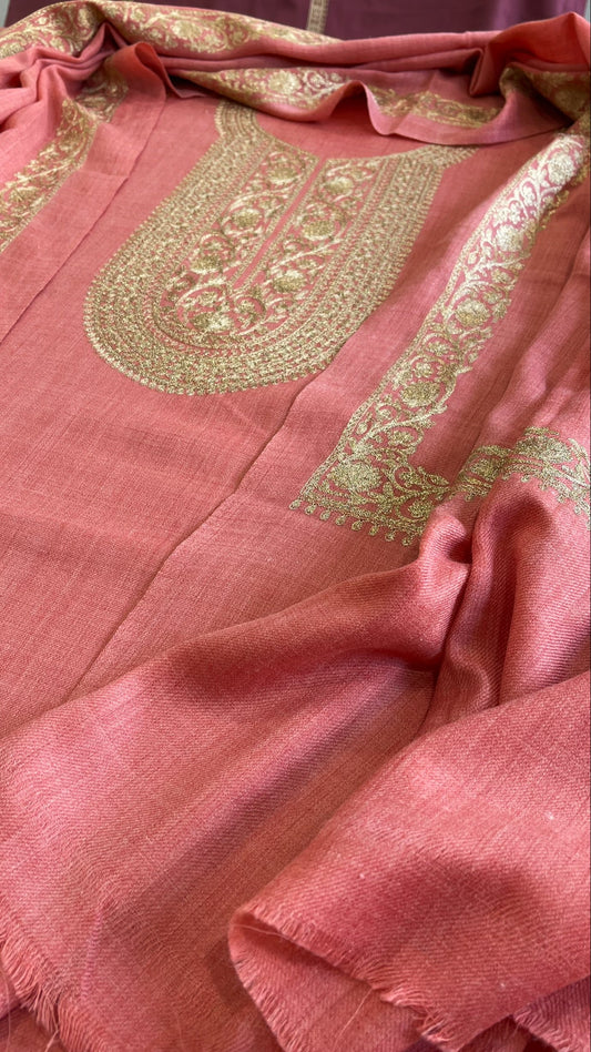Peach Winter Suit Set with Aari Work in Pashmina Wool - Masakalee