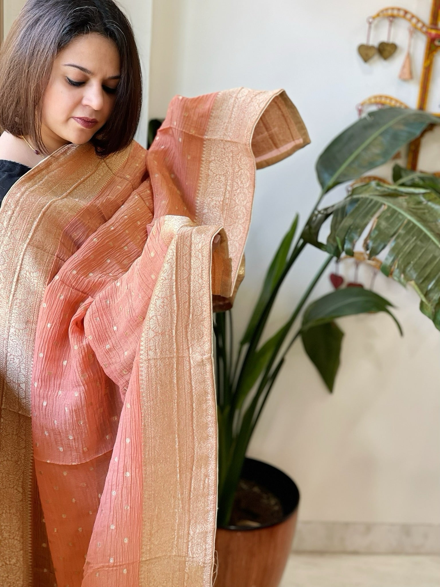 Peach Woven Banarasi Dupatta in Tissue - Masakalee