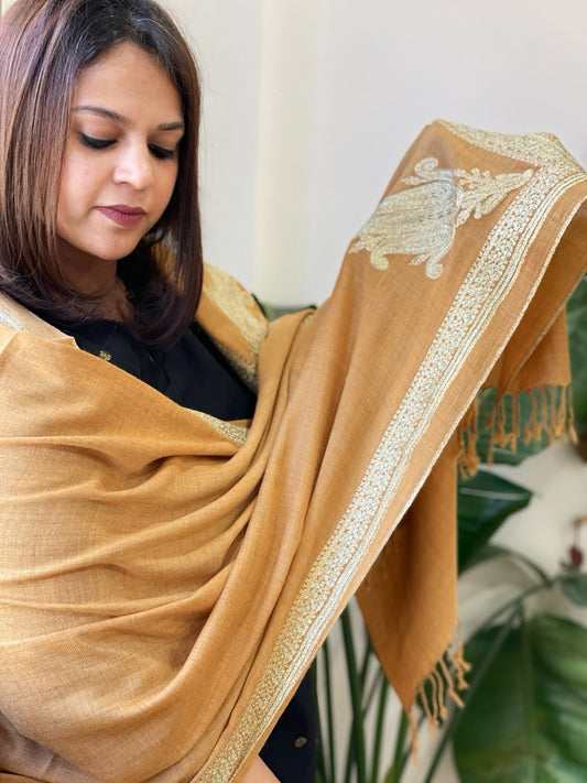 Peach Woven Pashmina Stole with Aari Embroidery - Masakalee