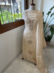 Peachish Beige Suit Set with Sequin ad Knot handwork in Mul Chanderi - Masakalee