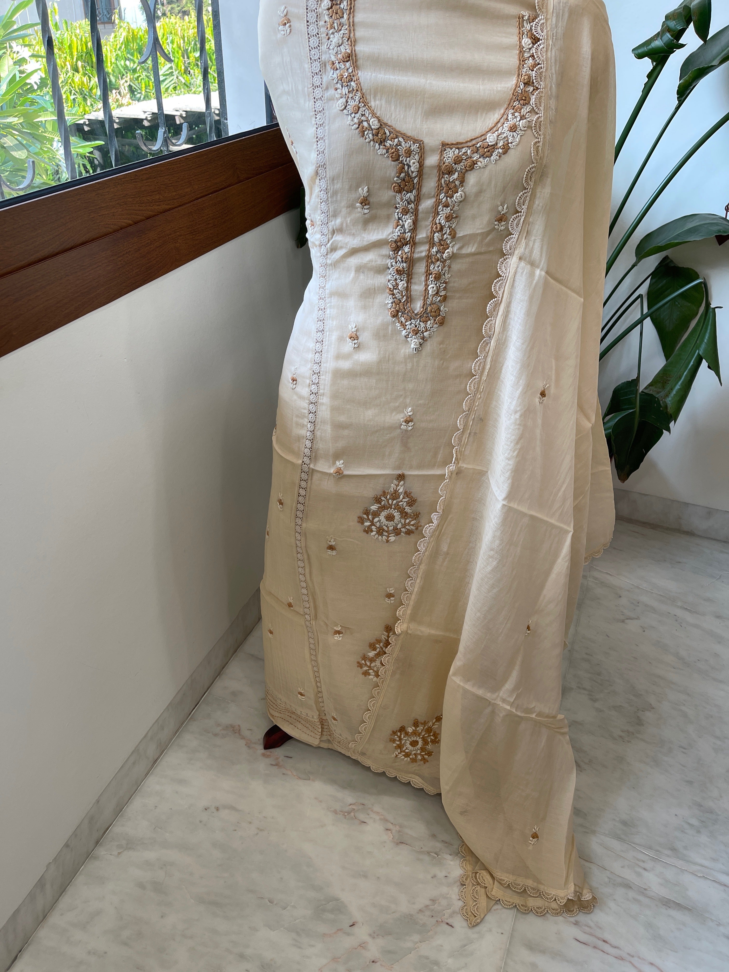 Peachish Beige Suit Set with Sequin ad Knot handwork in Mul Chanderi - Masakalee