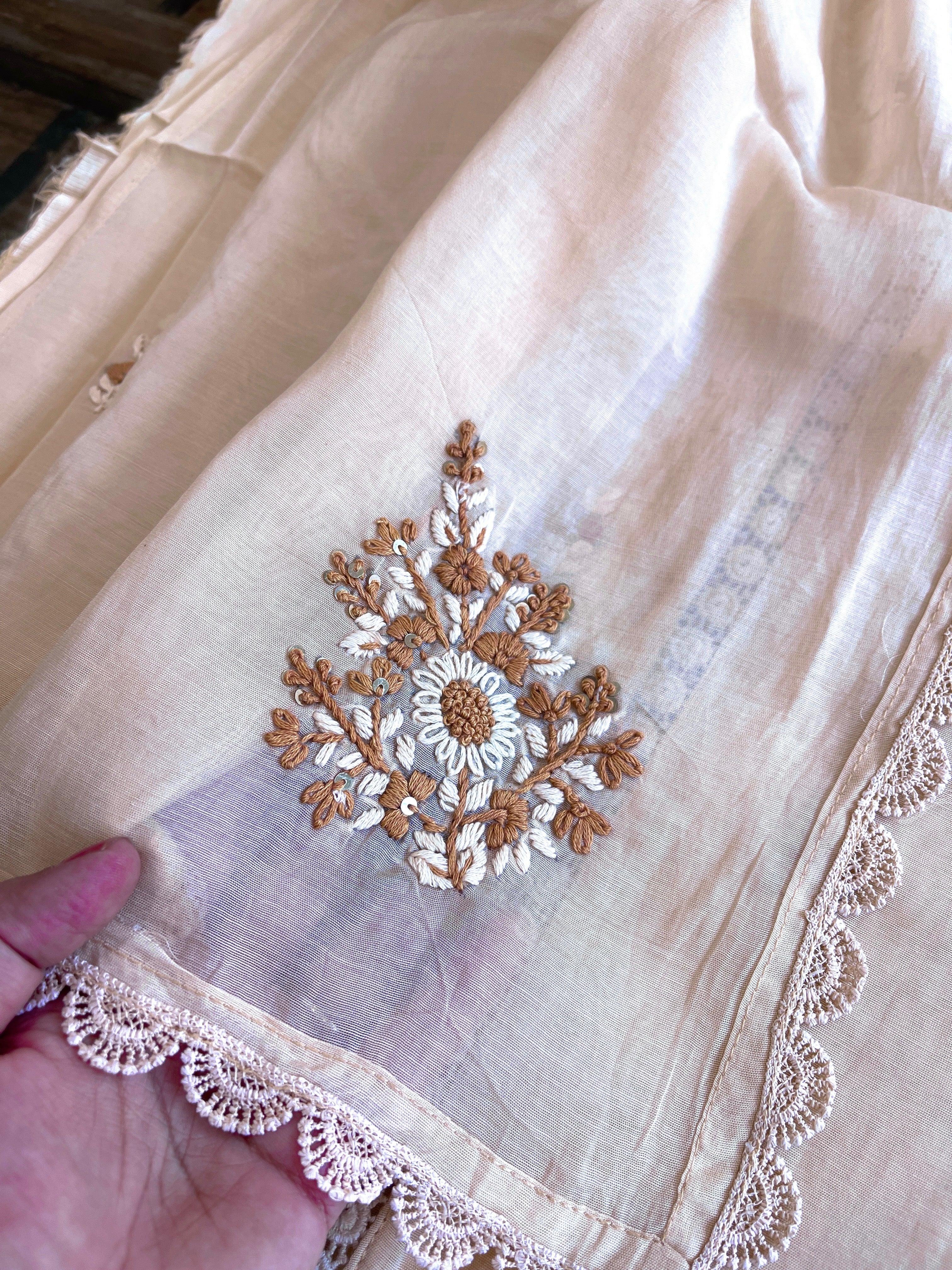 Peachish Beige Suit Set with Sequin ad Knot handwork in Mul Chanderi - Masakalee