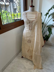 Peachish Beige Suit Set with Sequin ad Knot handwork in Mul Chanderi - Masakalee