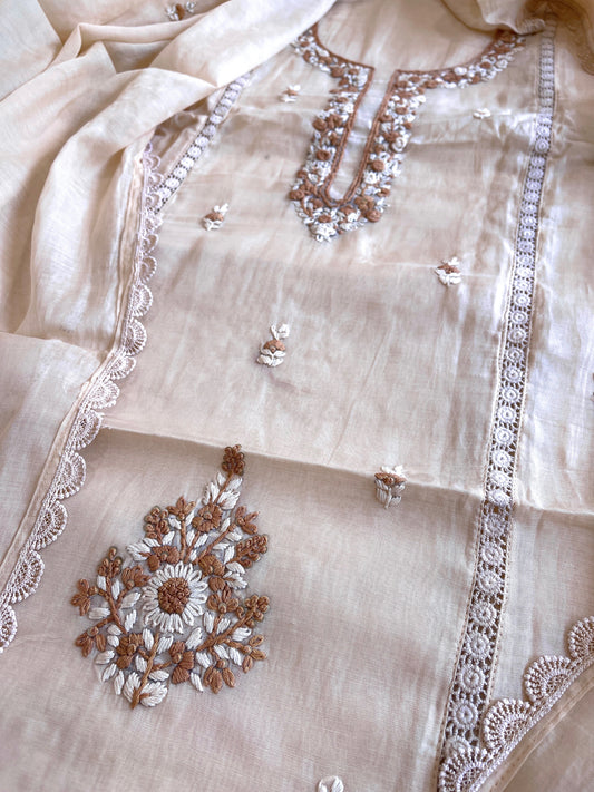 Peachish Beige Suit Set with Sequin ad Knot handwork in Mul Chanderi - Masakalee