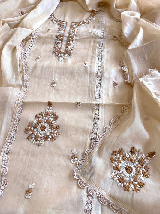 Peachish Beige Suit Set with Sequin ad Knot handwork in Mul Chanderi - Masakalee