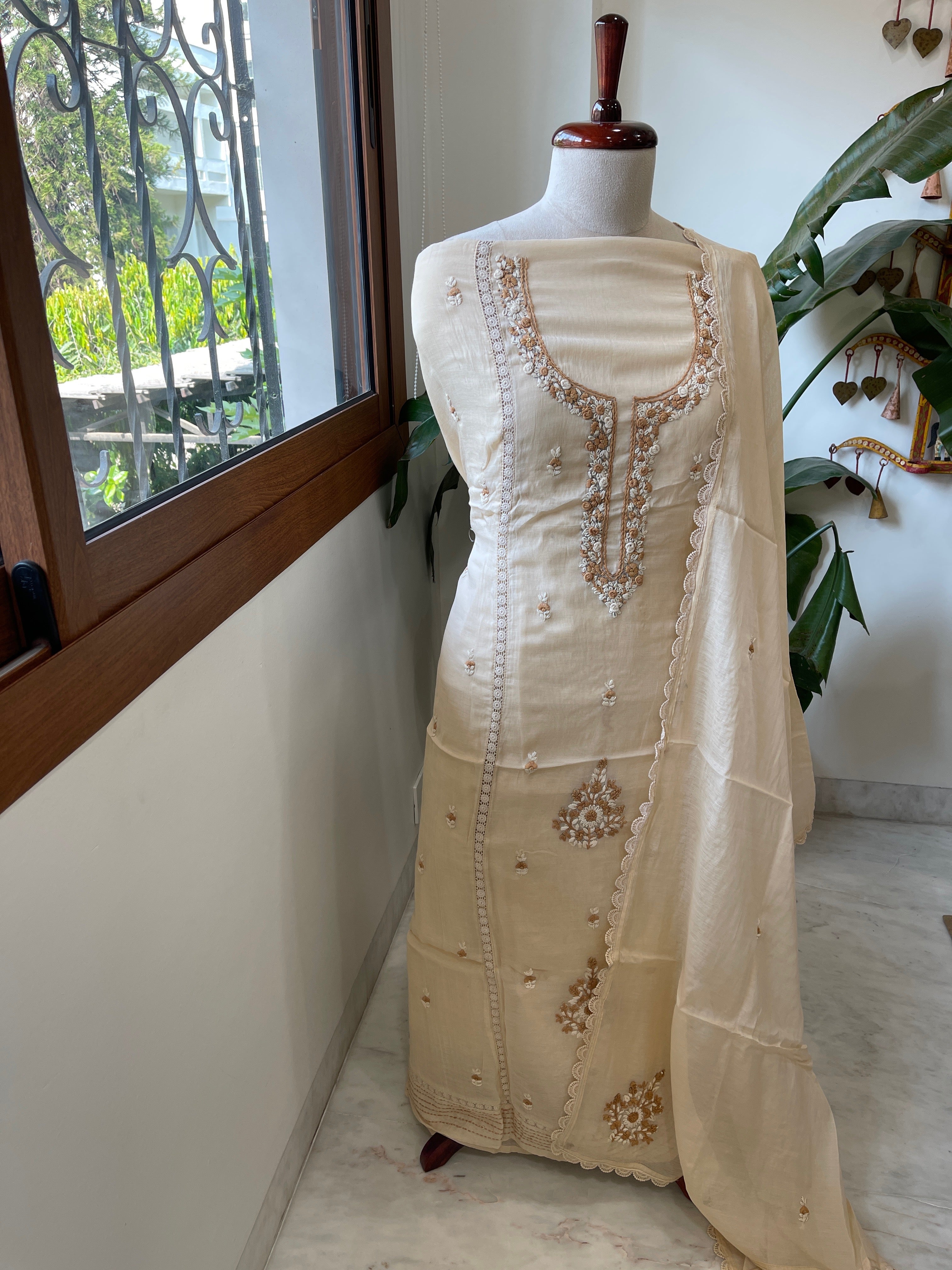 Peachish Beige Suit Set with Sequin ad Knot handwork in Mul Chanderi - Masakalee