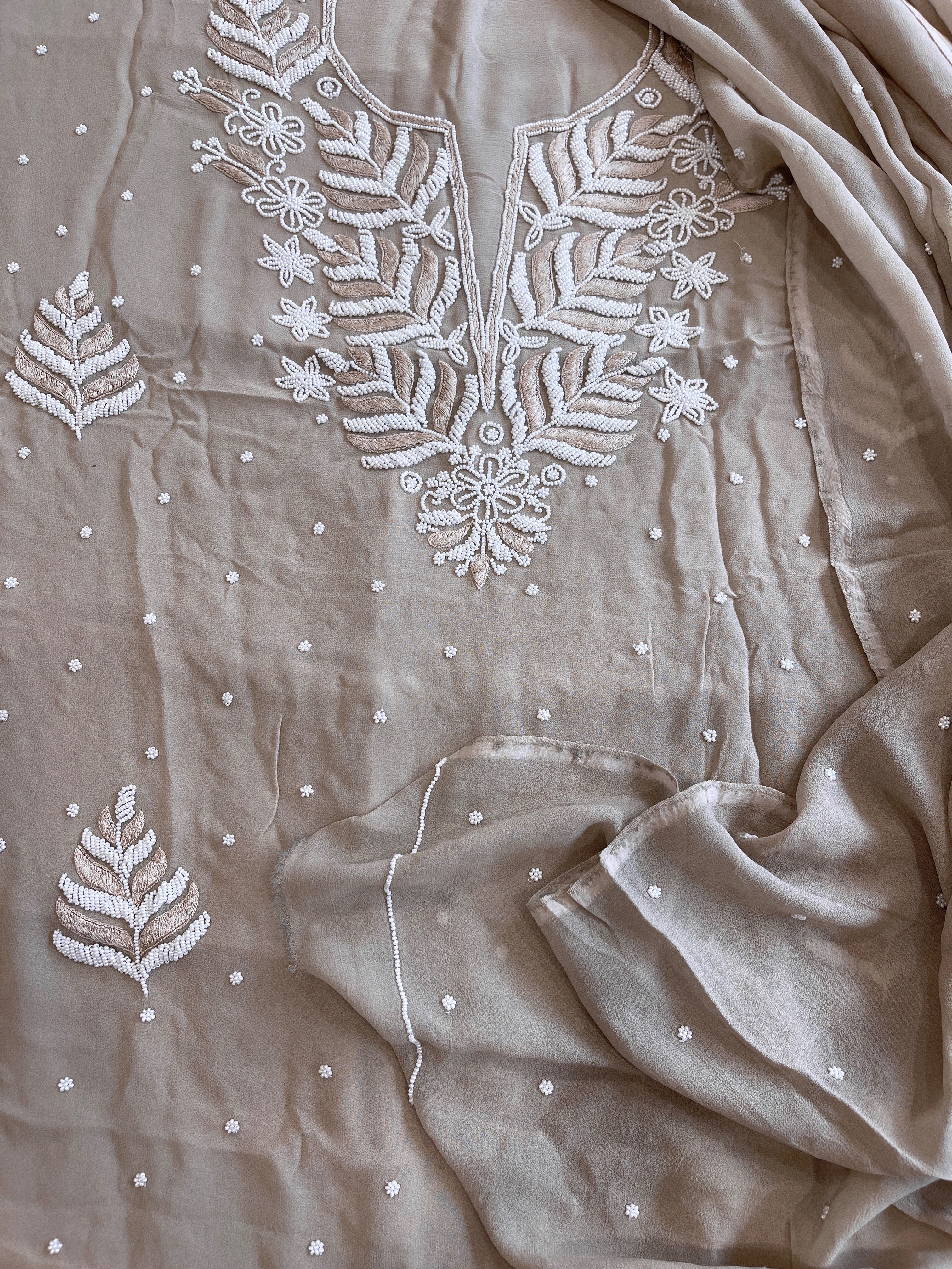 Peachish Gold Suit Set with Pearl and Thread Handwork in Georgette - Masakalee