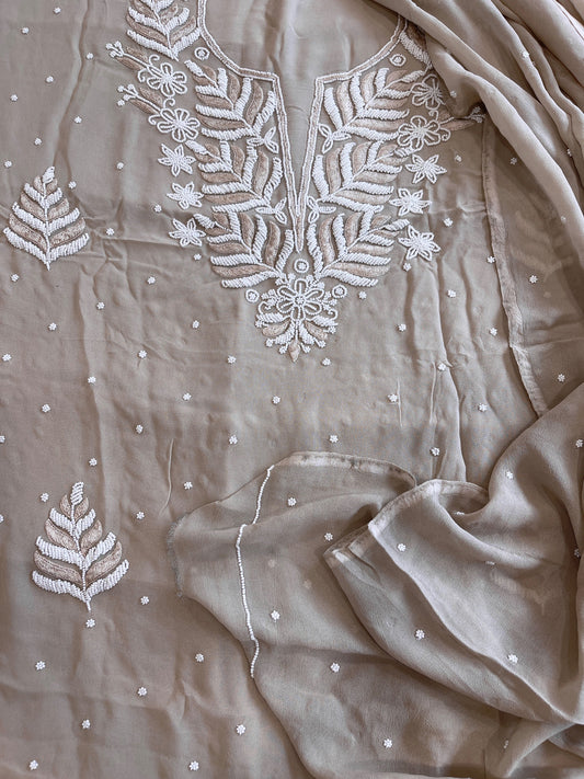 Peachish Gold Suit Set with Pearl and Thread Handwork in Georgette - Masakalee