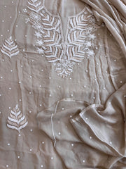 Peachish Gold Suit Set with Pearl and Thread Handwork in Georgette - Masakalee