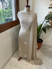 Peachish Gold Suit Set with Pearl and Thread Handwork in Georgette - Masakalee