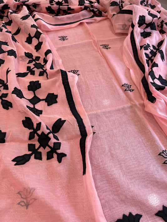 Peachish Pink Applique Suit Set in Mul Chanderi - Masakalee