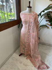 Peachish Pink Dupatta Set (Kurta+Dupatta) with Thread Embroidery in Pure Organza - Masakalee