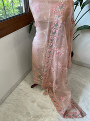 Peachish Pink Dupatta Set (Kurta+Dupatta) with Thread Embroidery in Pure Organza - Masakalee