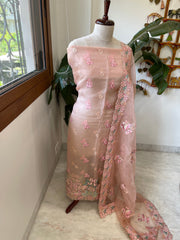 Peachish Pink Dupatta Set (Kurta+Dupatta) with Thread Embroidery in Pure Organza - Masakalee