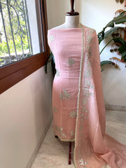 Peachish Pink Gota Applique Suit Set in Pure Mul Chanderi - Masakalee