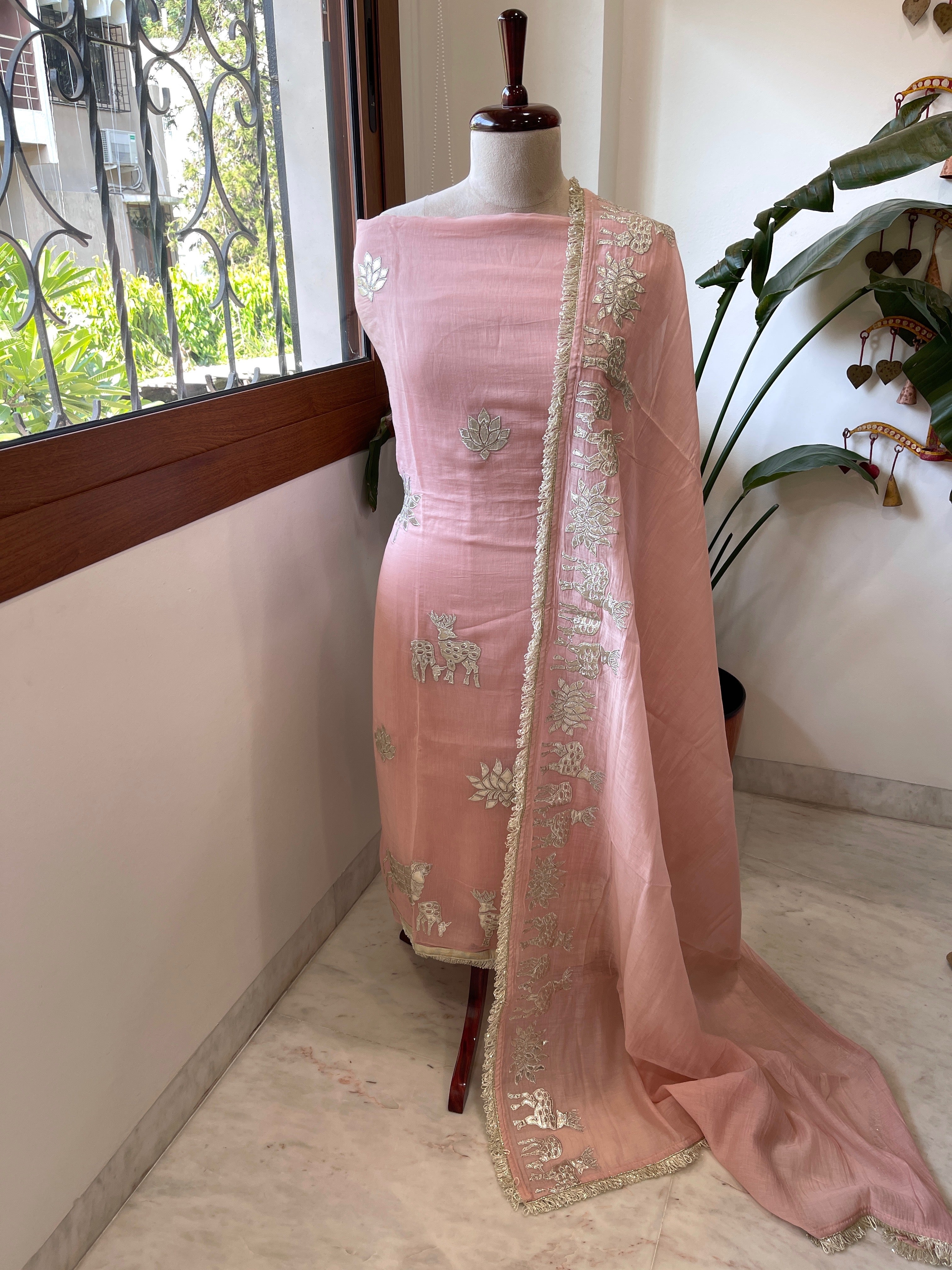 Peachish Pink Gota Applique Suit Set in Pure Mul Chanderi - Masakalee