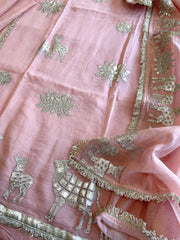 Peachish Pink Gota Applique Suit Set in Pure Mul Chanderi - Masakalee