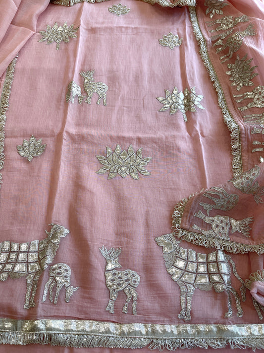 Peachish Pink Gota Applique Suit Set in Pure Mul Chanderi - Masakalee