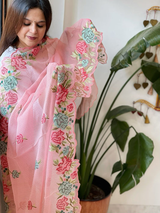 Peachish Pink Kota Cotton Dupatta with Cross - Stitch Embroidered Border - Masakalee
