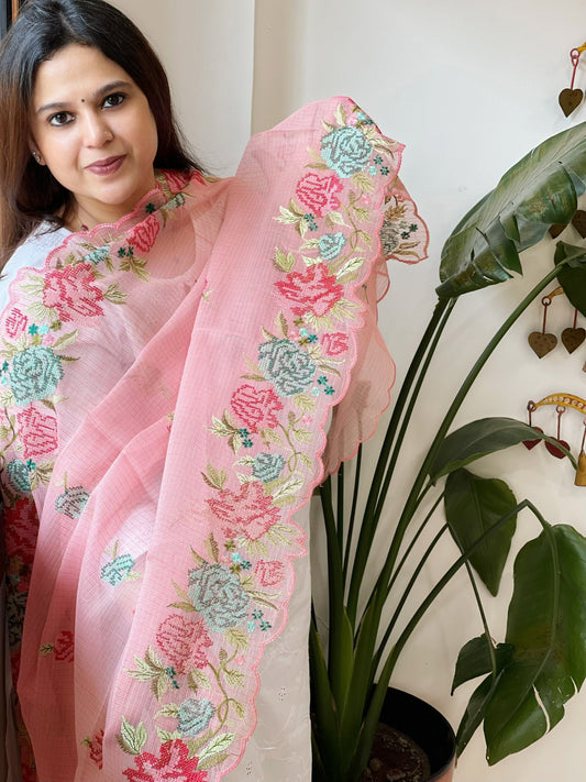 Peachish Pink Kota Cotton Dupatta with Cross - Stitch Embroidered Border - Masakalee