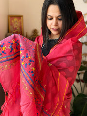 Peachish Pink Lambani Handwork Dupatta with Self in Pure Handwoven Cotton - Masakalee