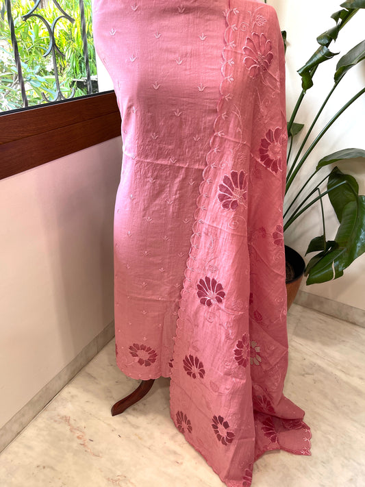 Peachish Pink Mul Chanderi Suit Set with Cut Work - Masakalee
