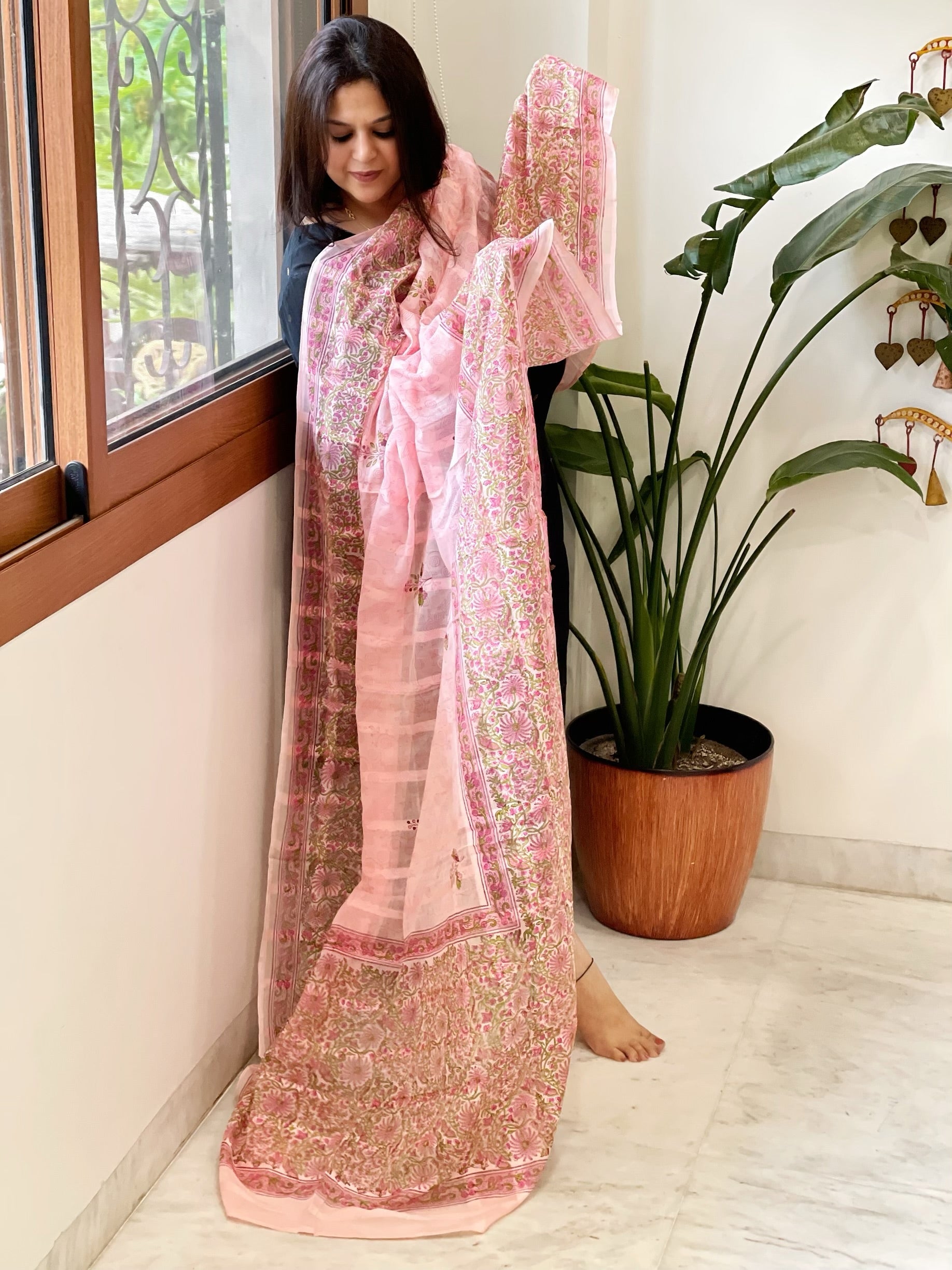 Peachish Pink Mul Cotton Handblock Printed Dupatta - Masakalee