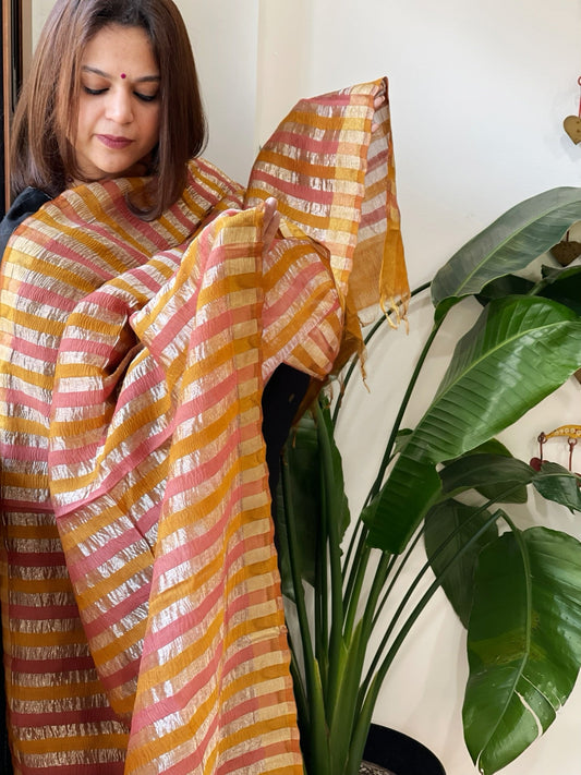 Peachish Pink, Mustard Handwoven Chanderi Tissue Dupatta - Masakalee