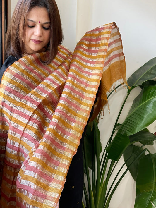 Peachish Pink, Mustard Handwoven Chanderi Tissue Dupatta - Masakalee