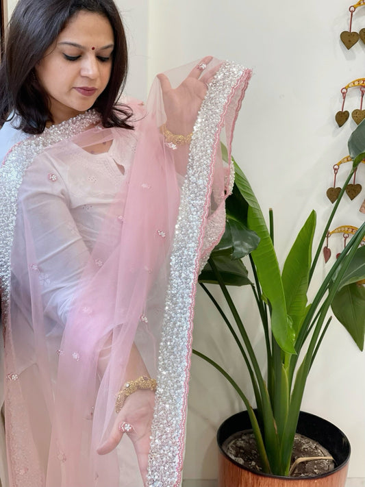 Peachish Pink Net Dupatta with Sequin and Pearl Embroidery - Masakalee