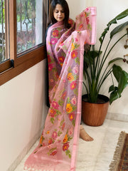 Peachish Pink Organza Dupatta with cross - stitch embroidery - Masakalee